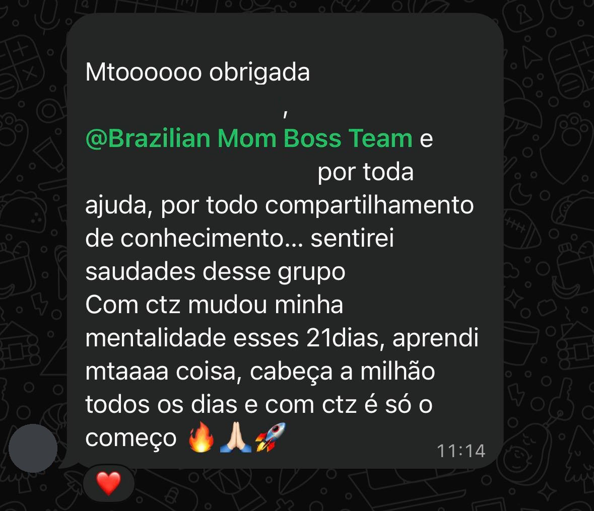 Mensagem de uma participante dizendo que os 21 dias mudaram sua mentalidade